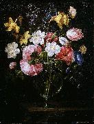 Clematis, a Tulip and other flowers in a Glass Vase on a wooden Ledge with a Butterfly